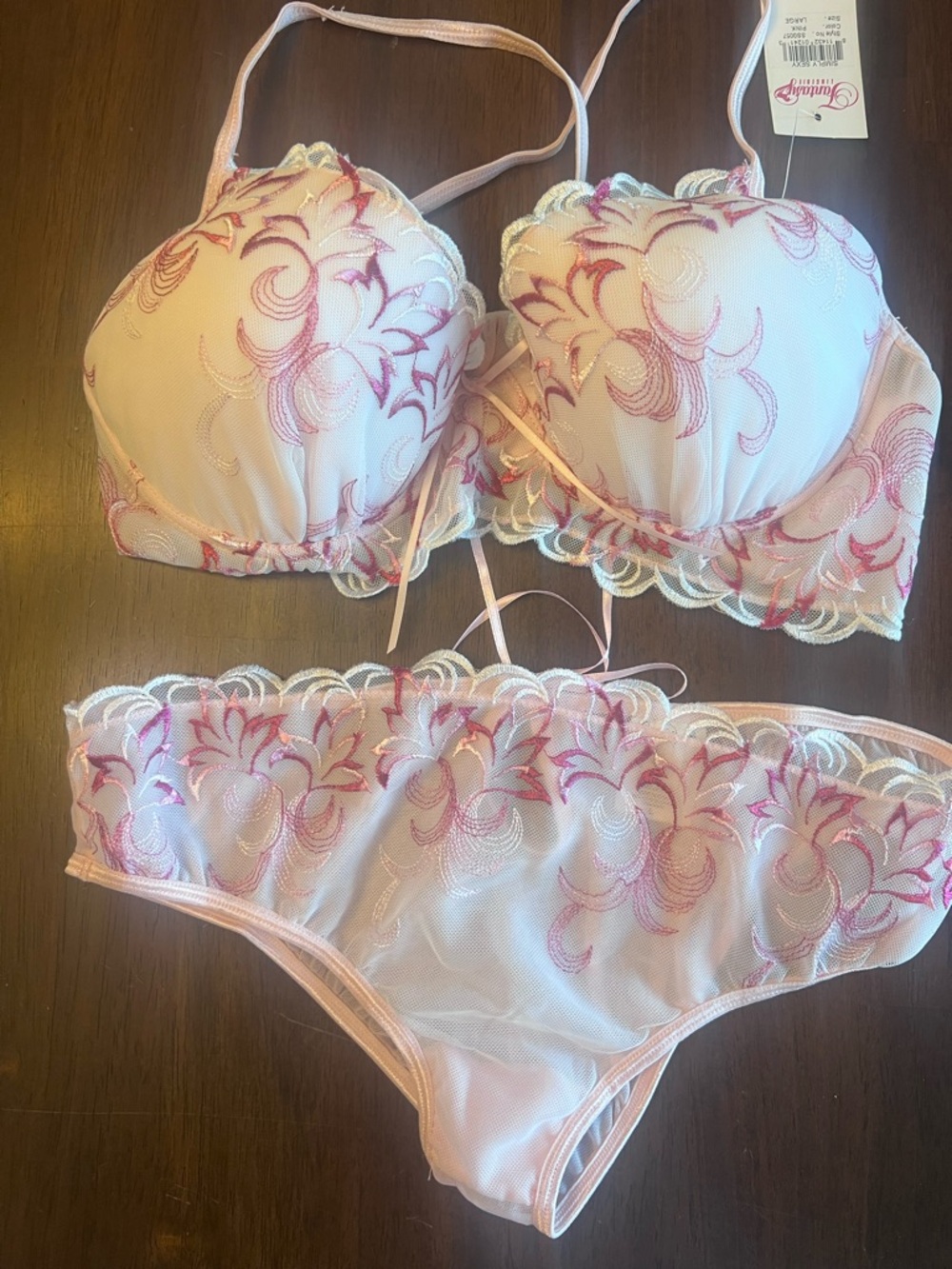 Embroidered Light Pink Lace Bra & Brief Set by Unknown